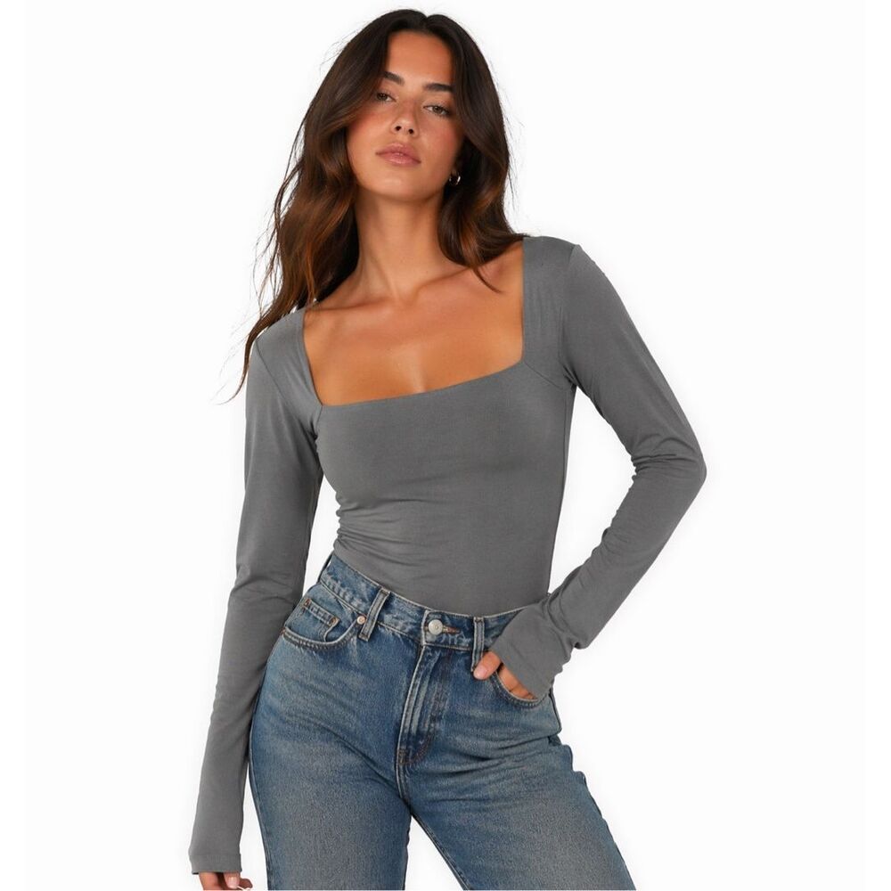 AMERICAN EAGLE Women’s Dark Gray Long Sleeve Strappy Back Bodysuit Size Small